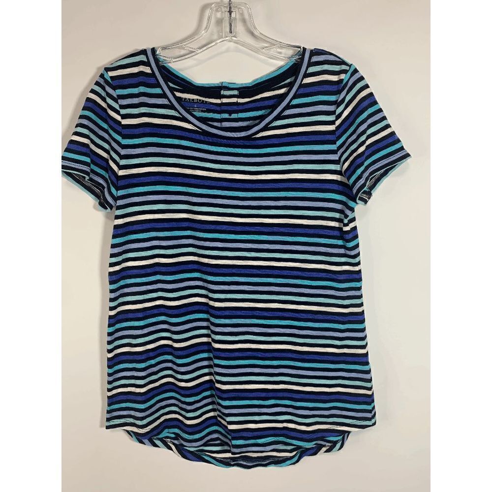 Talbots Women's Top Short Sleeve Button Back Cotton Blend Blue Striped Small